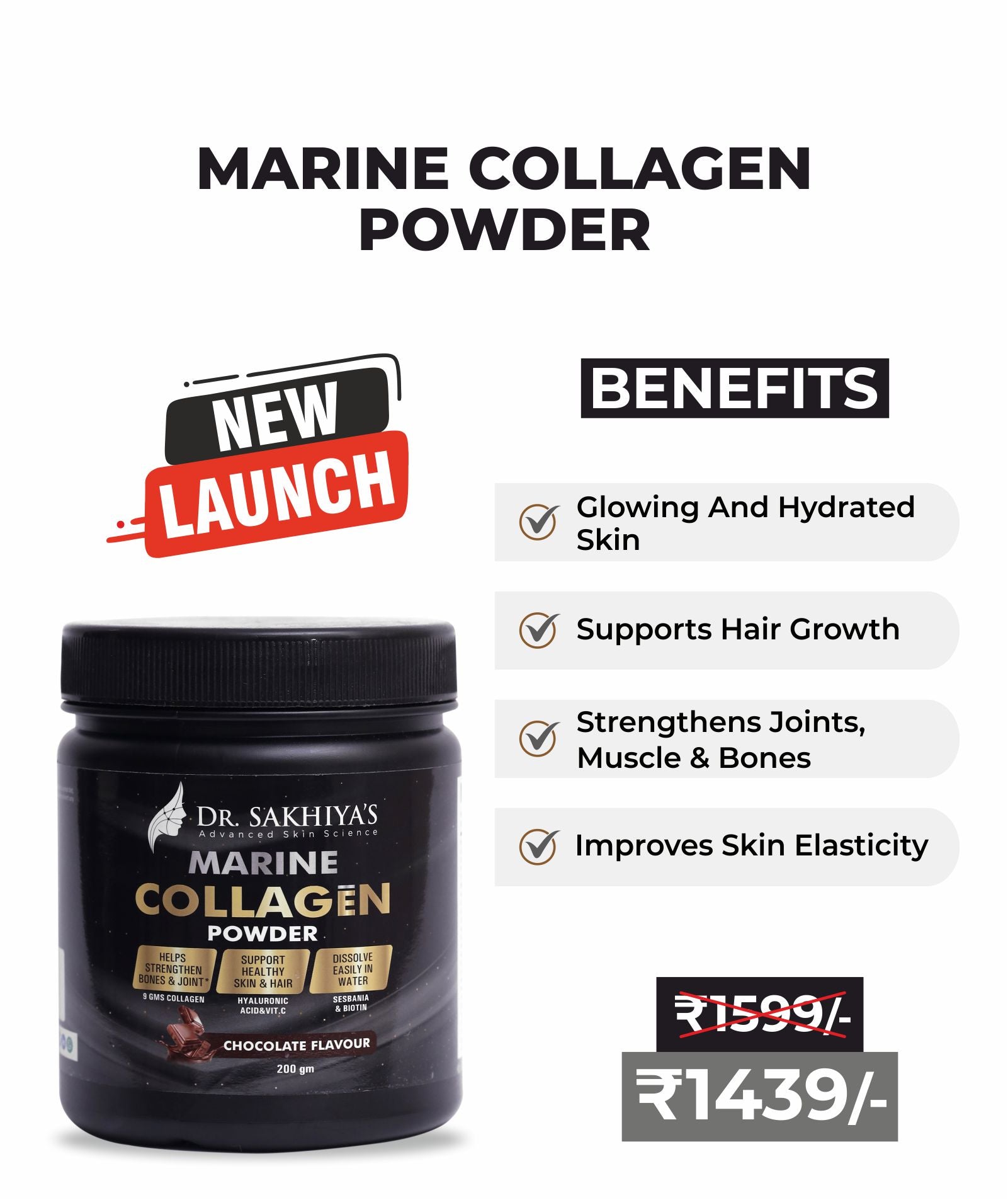 Dr. Sakhiya Marine Collagen Powder - 200gm - Support Healthy Skin And Hair - Strengthens Bones And Joints