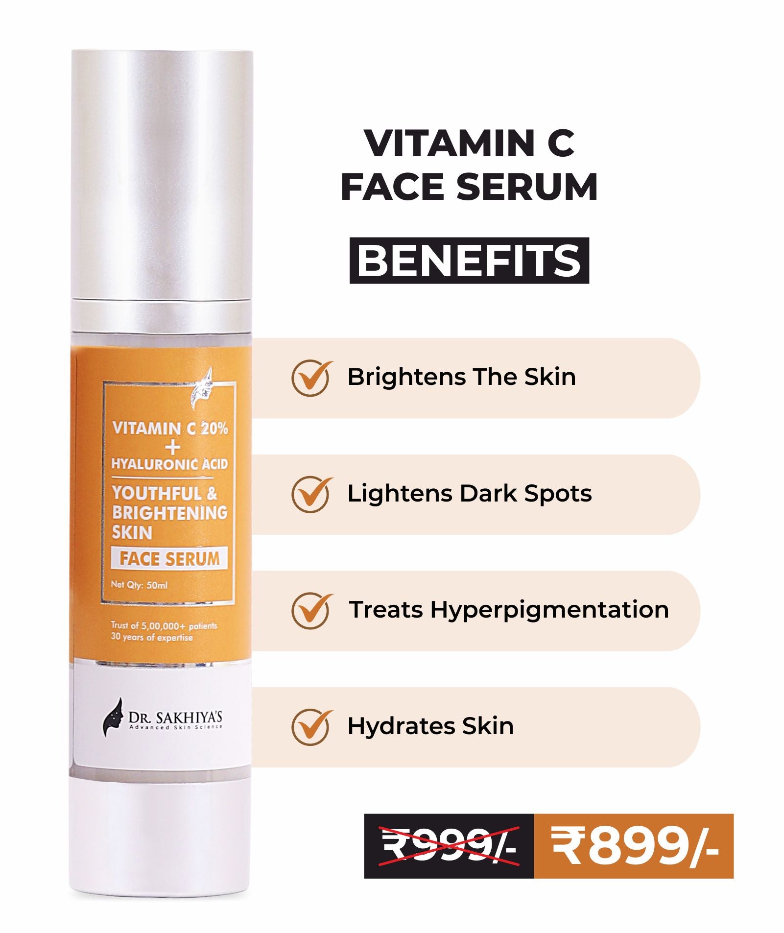 Vitamin C Face Serum - For Skin Brightening - 20% Vitamin C, Hyaluronic Acid, Licorice Extract - 50ML