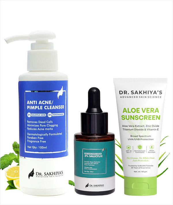 Anti Acne Kit - Salicylic and Niacinamide Acid Face Cleanser + 2% Salicylic Acid Face Serum + SPF 30 Sunscreen
