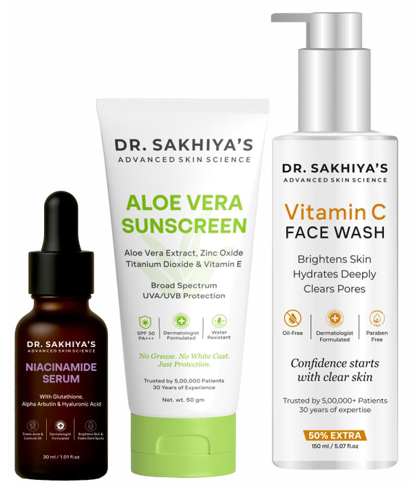 Glowing Skin Combo - Niacinamide Face Serum + Vitamin C Facewash + Sunscreen Enriched with Aloe Vera Extract - Ultimate 3 IN 1 Combo