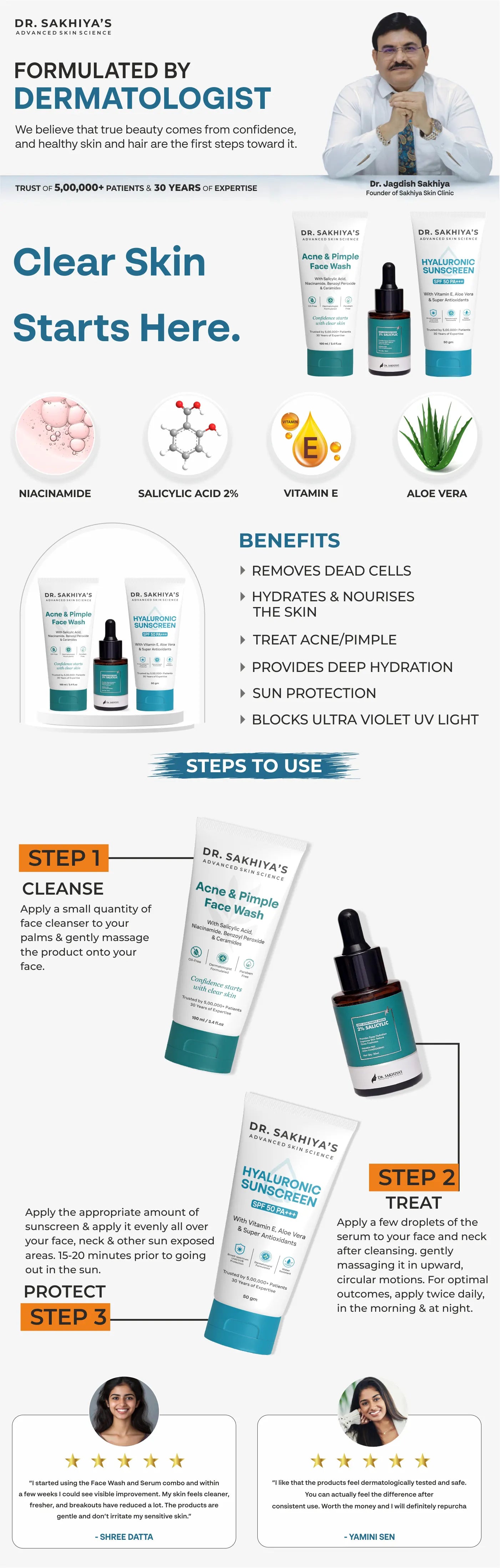 Acne Care Kit with Pimple Cleanser, Salicylic Acid Serum and SPF 50 Hyaluronic Sunscreen