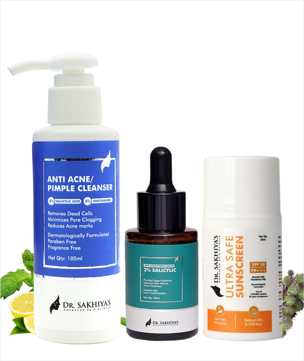 Acne Free Skin Kit - Face Cleanser + Salicylic Acid Serum + Ultrasafe SPF 50 Sunscreen