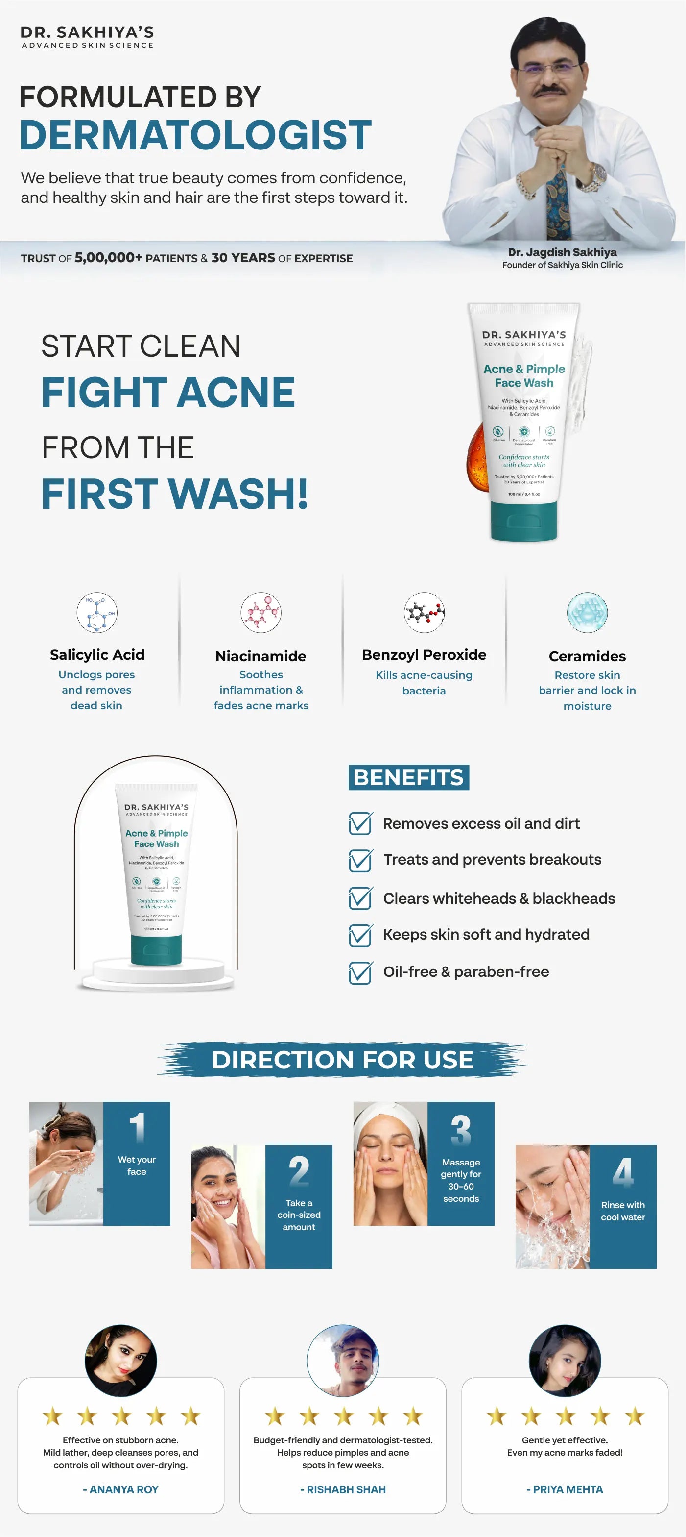 Dr. Sakhiya's Acne & Pimple Facewash for Oily And Acne-Prone Skin