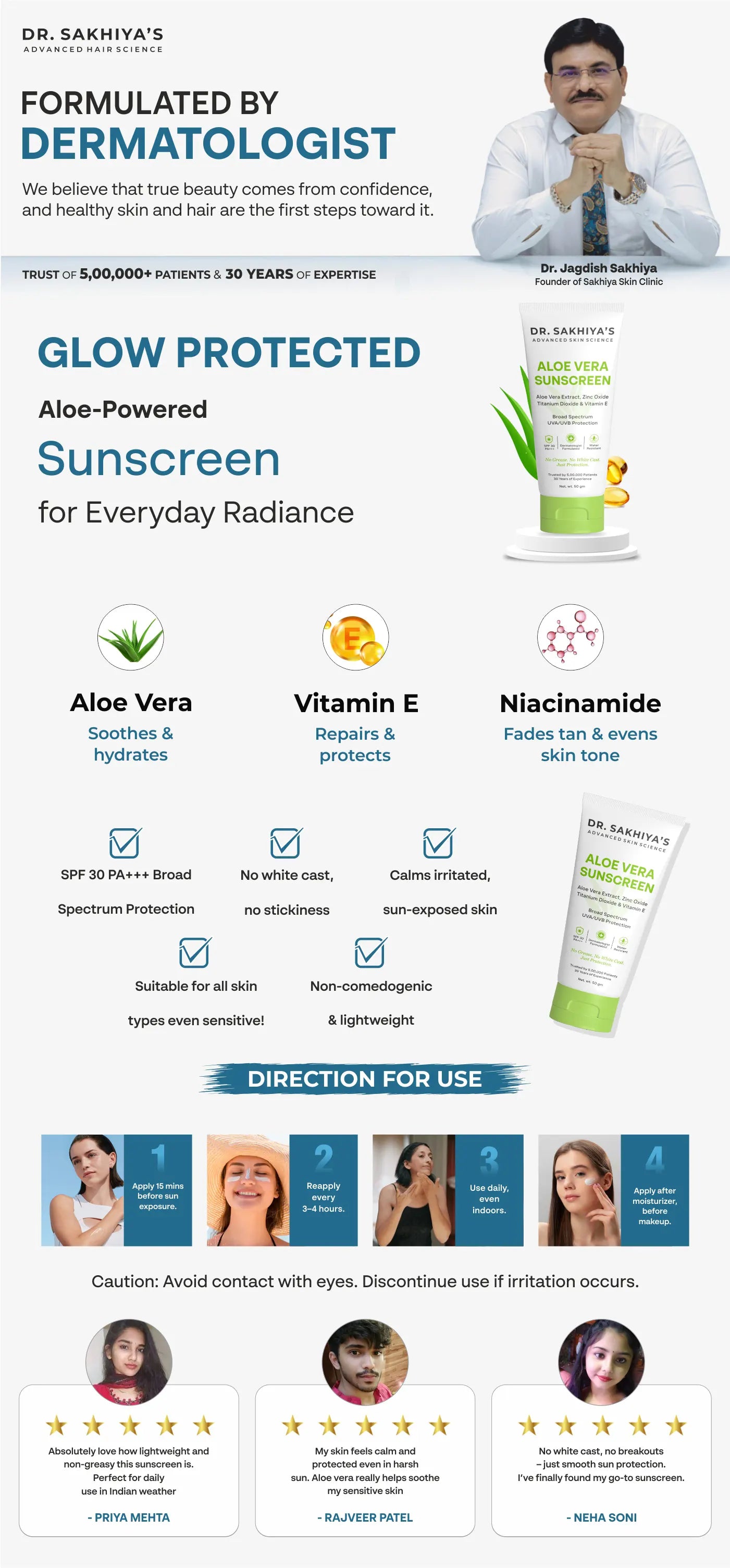 Sunscreen Enriched with Aloe Vera Extract - SPF 30+ PA+++ - Daily Broad Spectrum - UVA & UVB Protection - Non Greasy - Non Sticky - Waterproof - 50 G