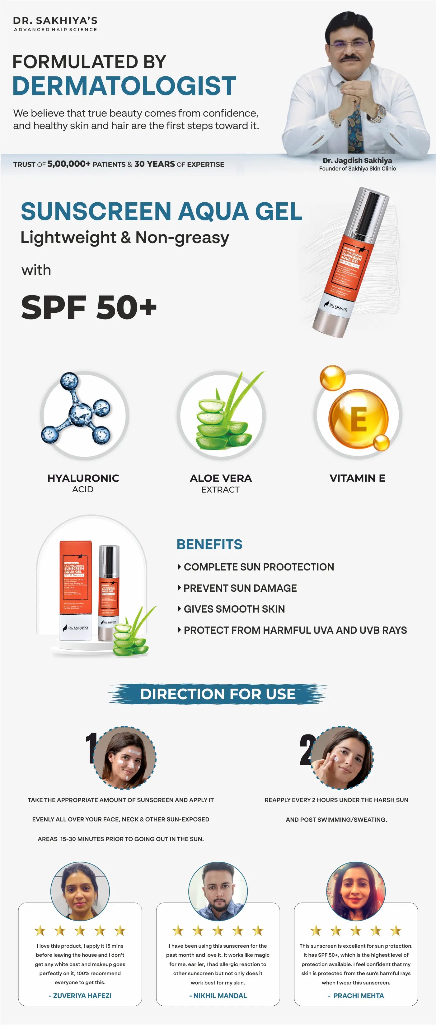 1% Hyaluronic Sunscreen Aqua Gel With SPF 50 PA++++, With Vitamin E And Aloe Vera , UVA & UVB Protection