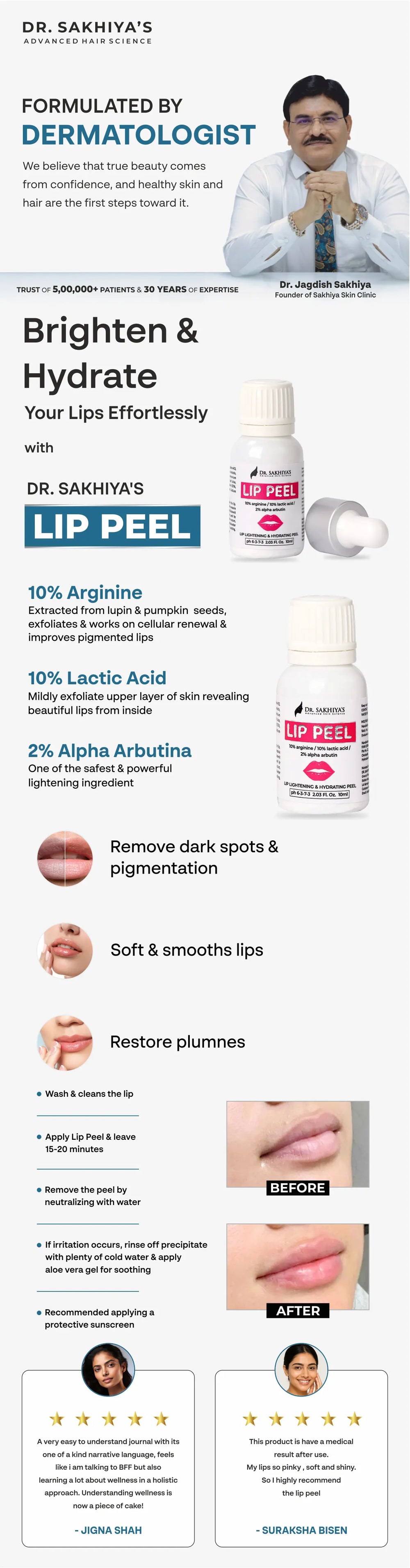 Dr. Sakhiya's Lip Peel - Lip Lightening & Hydrating Peel with 10% Arginine, 10% Lactic Acid And 2% Alpha Arbutin