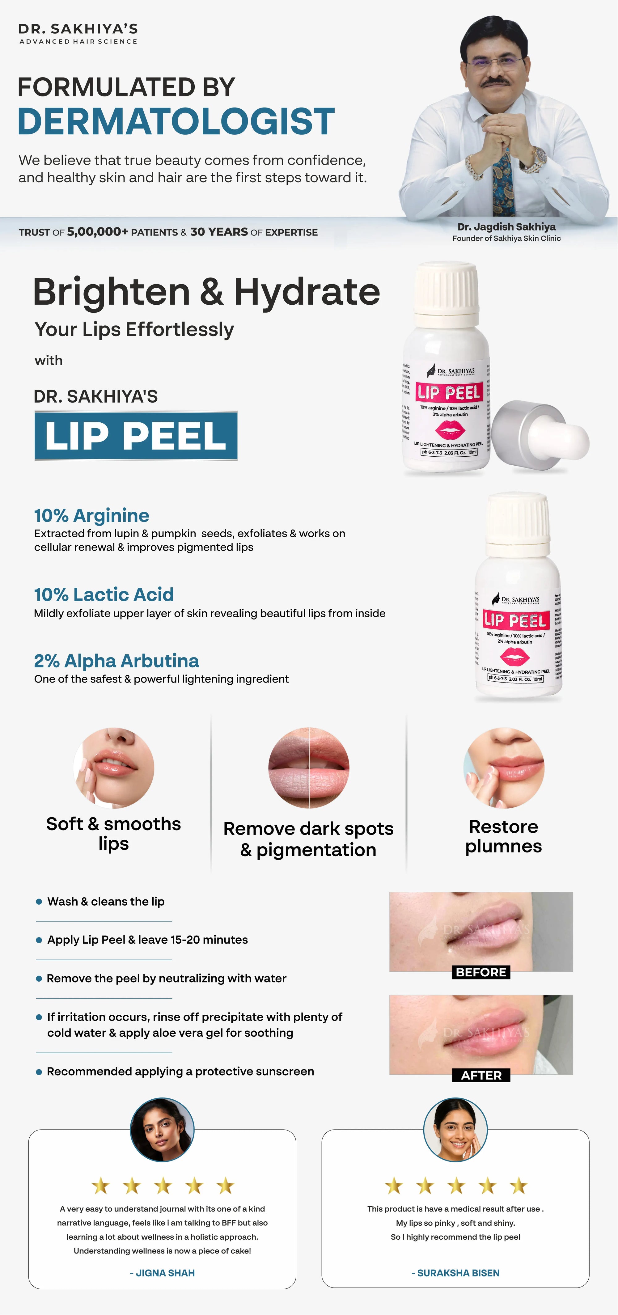 Dr. Sakhiya's Lip Peel - Lip Lightening & Hydrating Peel with 10% Arginine, 10% Lactic Acid And 2% Alpha Arbutin