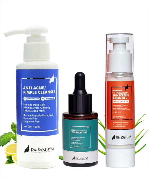 Acne Care Kit with Pimple Cleanser, Salicylic Acid Serum and SPF 50 Aqua Gel Sunscreen