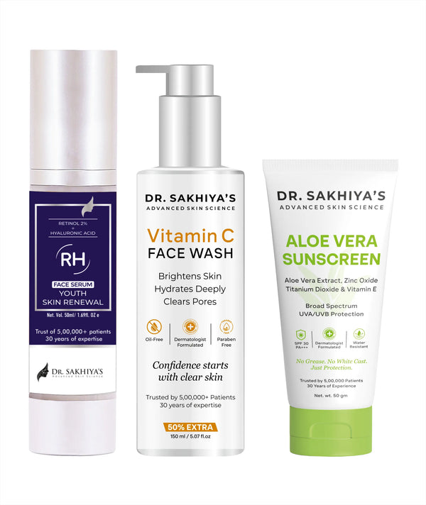 Anti Aging Combo - Retinol Face serum + Vitamin C Facewash + Sunscreen Enriched with Aloe Vera Extract - Ultimate 3 IN 1 Combo