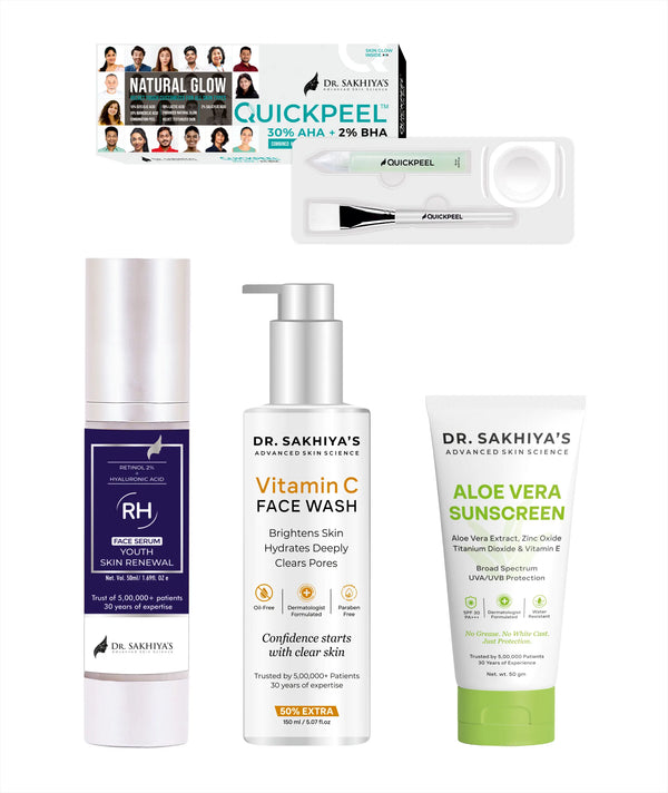 Anti-Aging Combo - For Youthful Skin - Retinol Face Serum + Quickpeel + Aloe Vera Sunscreen + Vitamin C Facewash - Ultimate 4 IN 1 Combo