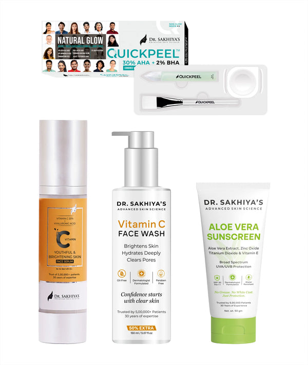Combo for Dull Skin - Vitamin C Face Serum + Quickpeel + Aloe Vera Sunscreen + Vitamin C Facewash - Ultimate 4 IN 1 Combo