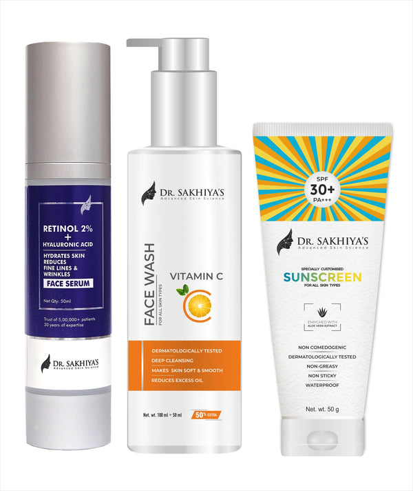 Skin Renewal Combo - Retinol Face serum + Vitamin C Facewash + Sunscreen Enriched with Aloe Vera Extract - Ultimate 3 IN 1 Combo