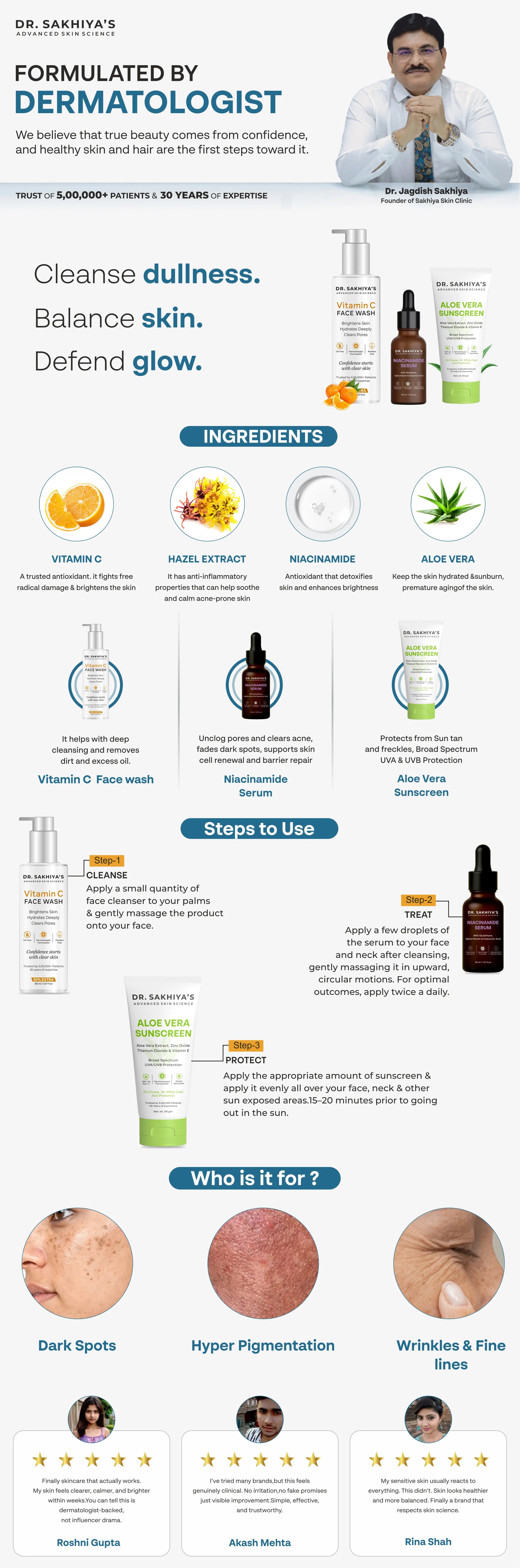 Glowing Skin Combo - Niacinamide Face Serum + Vitamin C Facewash + Sunscreen Enriched with Aloe Vera Extract - Ultimate 3 IN 1 Combo