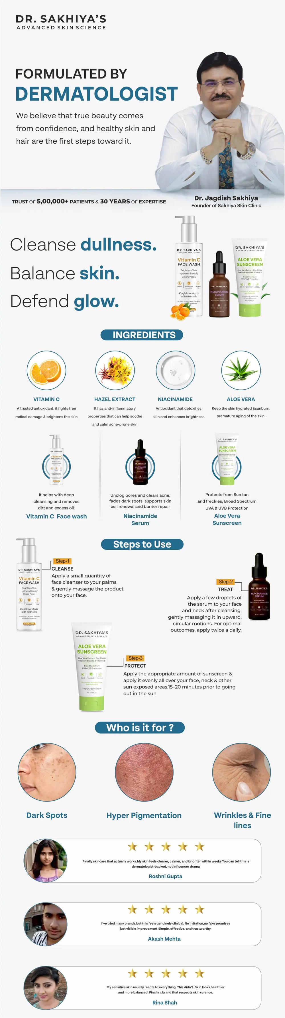 Glowing Skin Combo - Niacinamide Face Serum + Vitamin C Facewash + Sunscreen Enriched with Aloe Vera Extract - Ultimate 3 IN 1 Combo