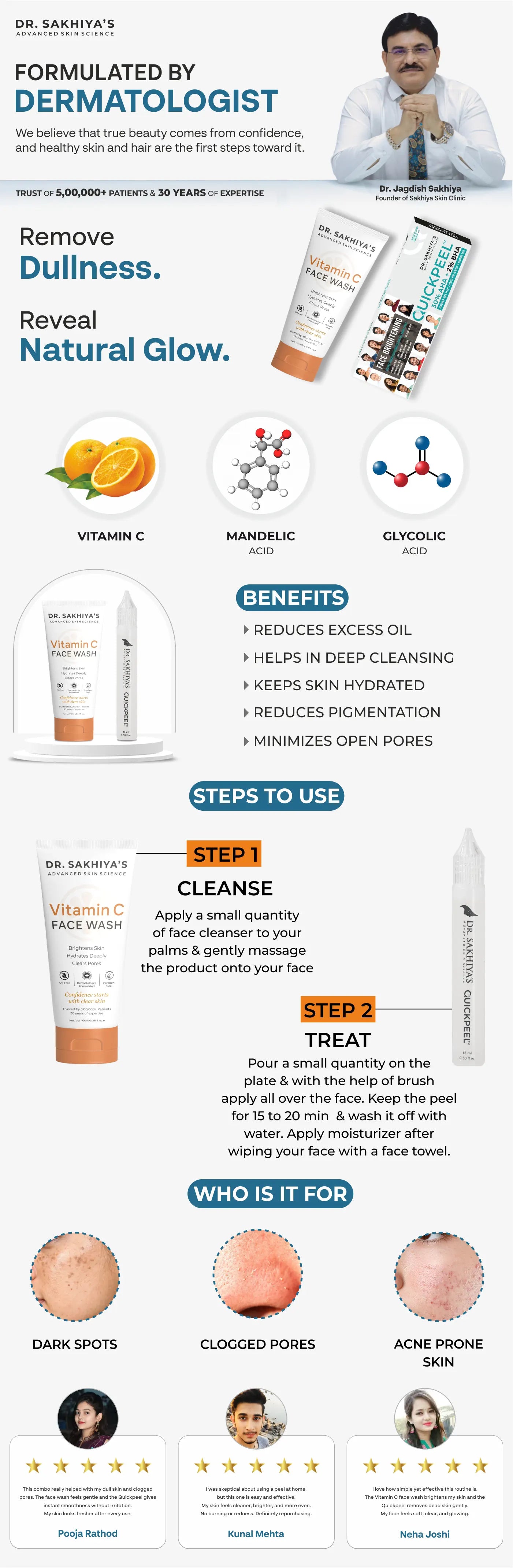 Glowing Skin Combo - Vitamin C Face Wash 30% AHA + 2 % BHA homebased QUICKPEEL for healthy, hydrating & glowing skin