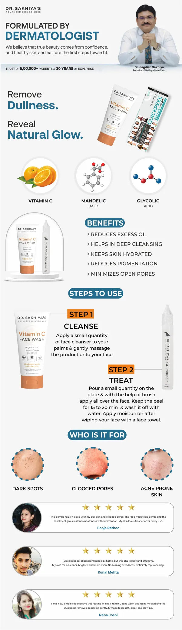 Glowing Skin Combo - Vitamin C Face Wash 30% AHA + 2 % BHA homebased QUICKPEEL for healthy, hydrating & glowing skin