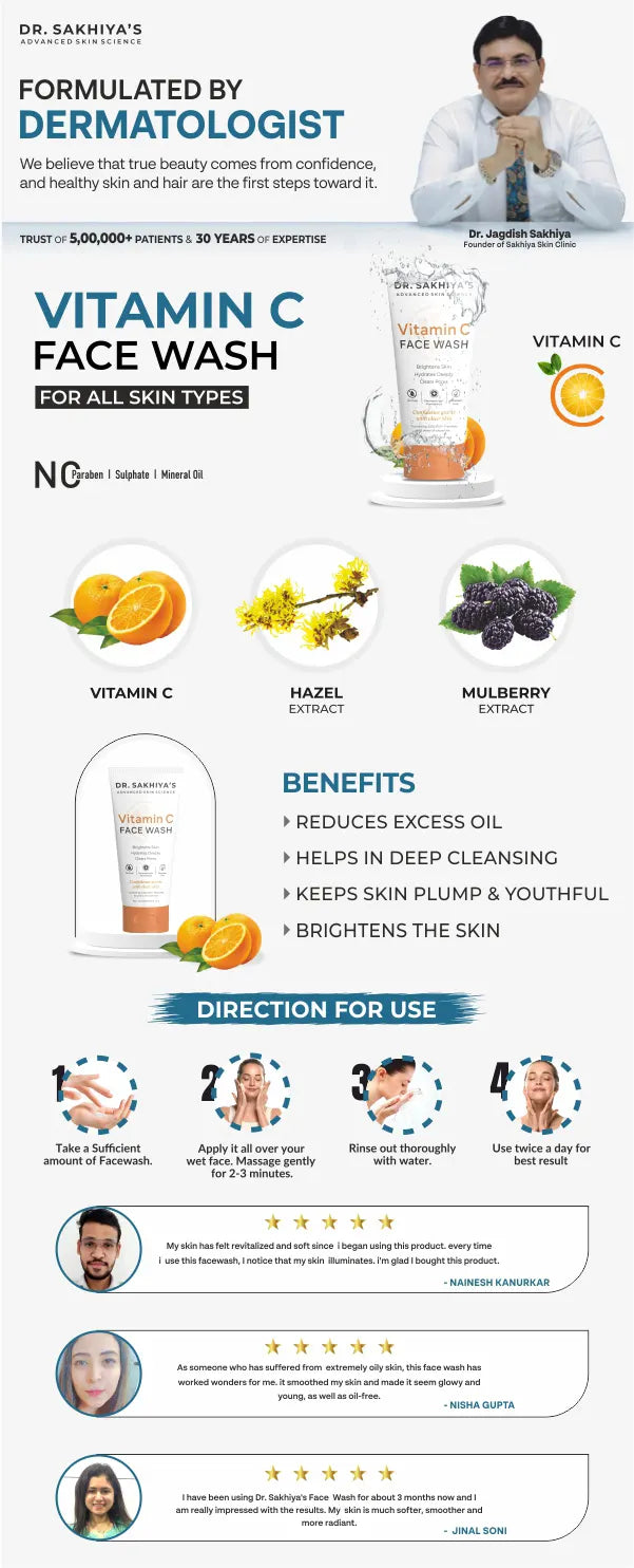 Dr. Sakhiya's Vitamin C Face Wash 100ml - For Brightening And Deep Cleansing
