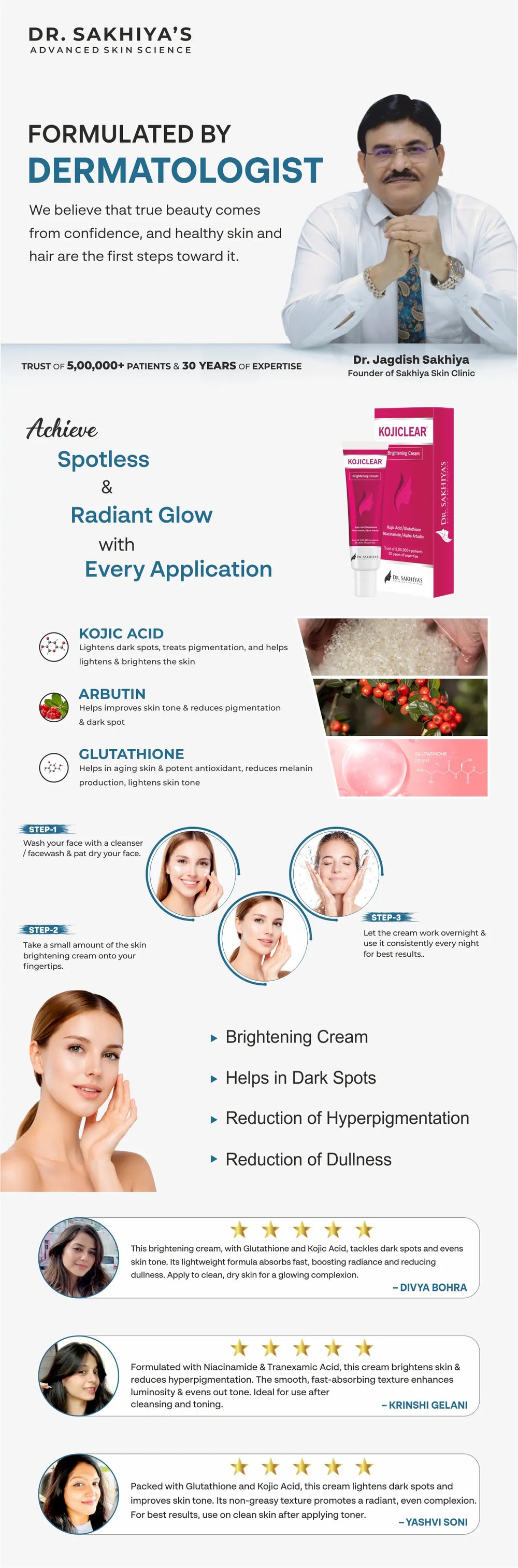 Dr. Sakhiya's Kojiclear - Skin Lightening & Brightening Cream with Kojic Acid, Glutathione, Niacinamide and Alpha Arbutin