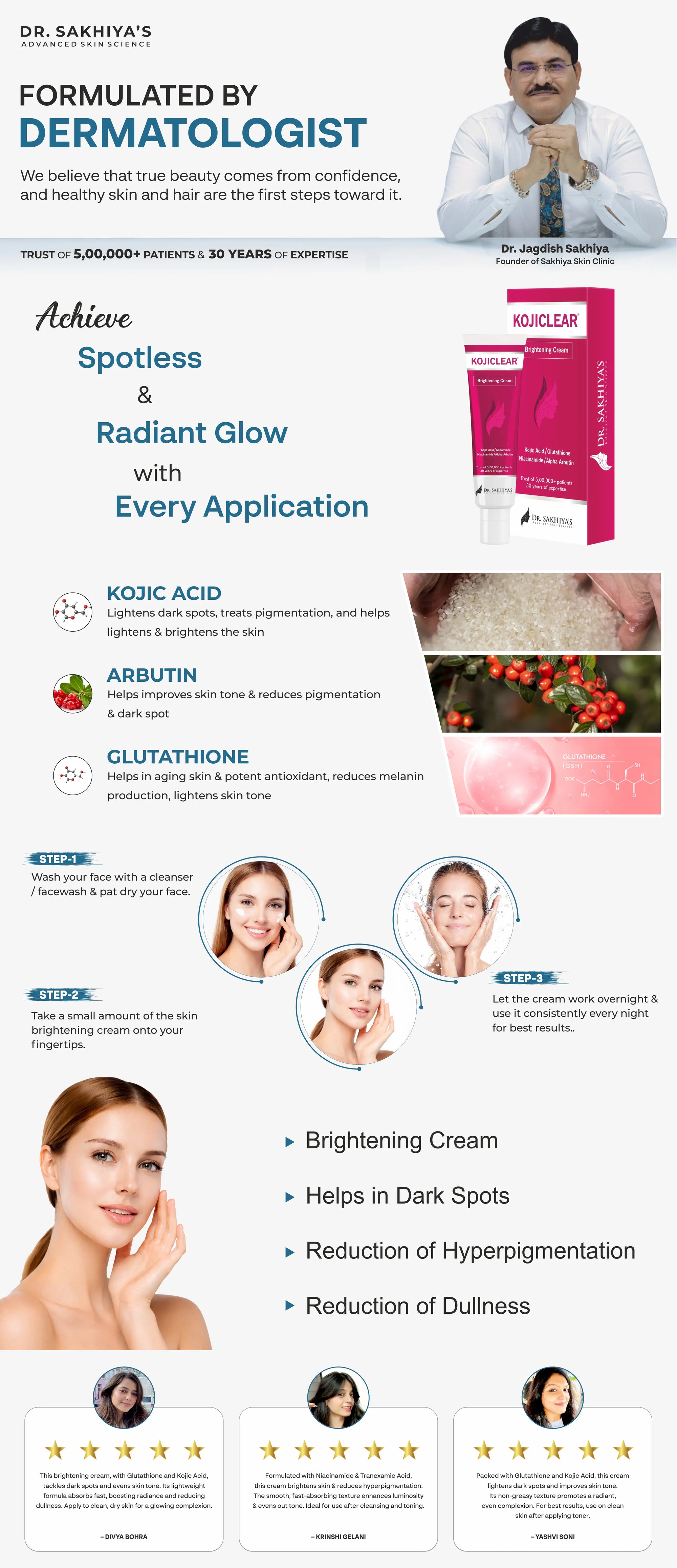 Dr. Sakhiya's Kojiclear - Skin Lightening & Brightening Cream with Kojic Acid, Glutathione, Niacinamide and Alpha Arbutin