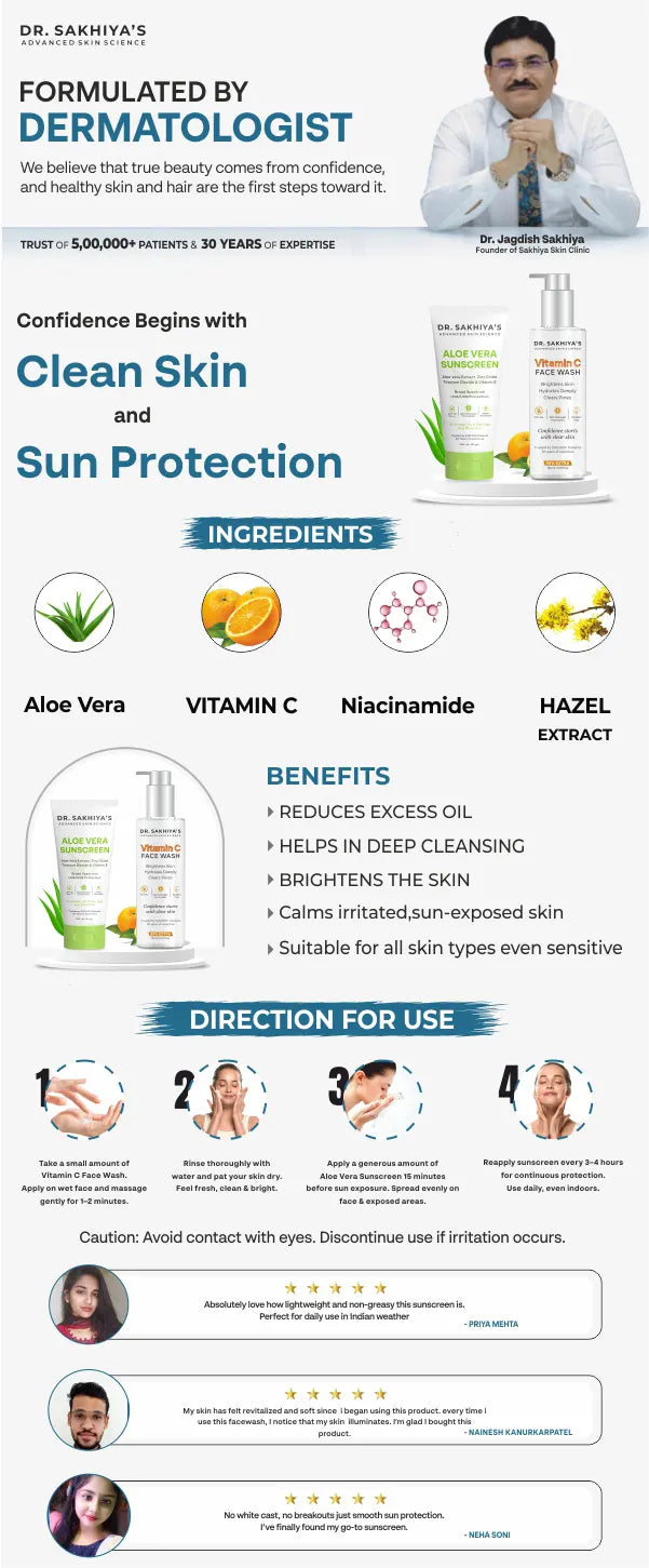 Skincare Essentials Combo - Sunscreen Enriched with Aloe Vera Extract + Vitamin C Facewash - Ultimate 2 IN 1 Combo
