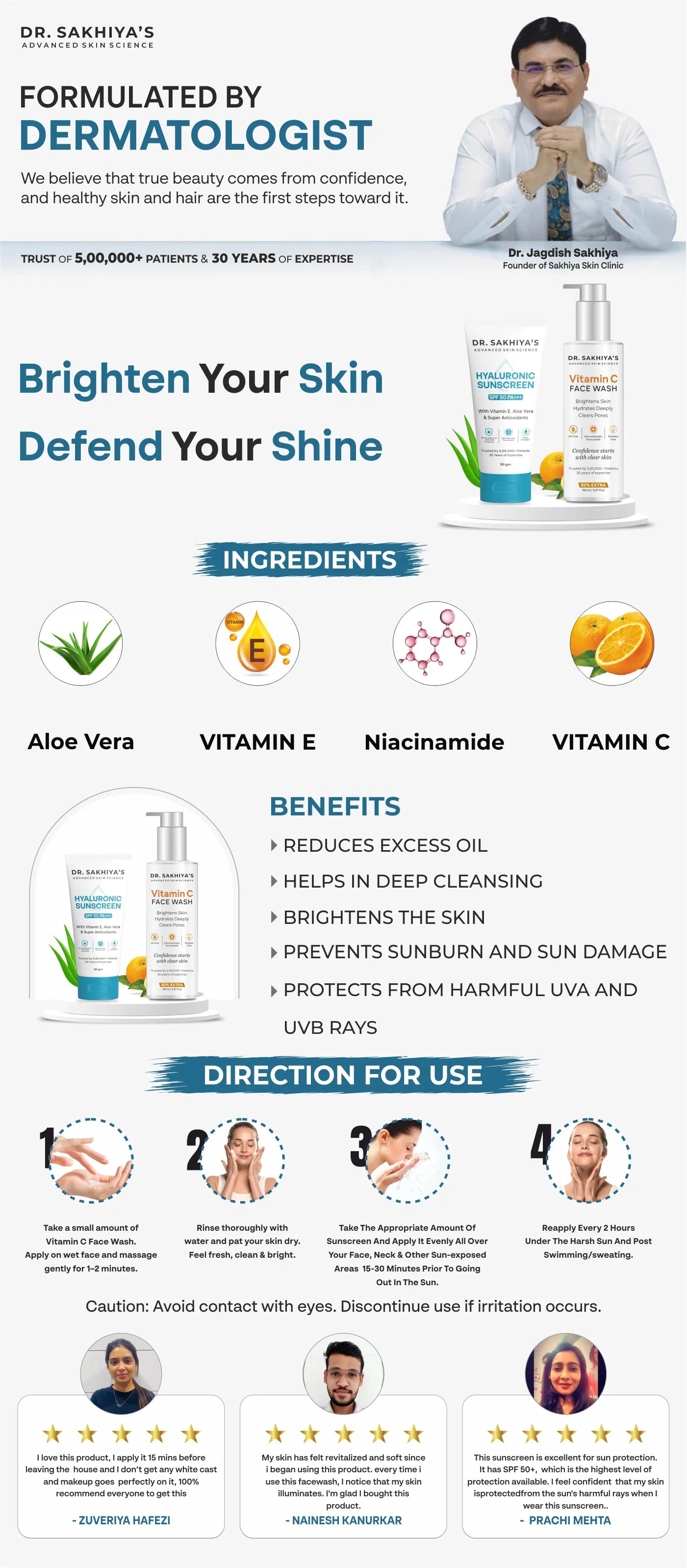 Summer Skincare Combo - Vitamin C Facewash And 1% Hyaluronic Sunscreen Aqua Gel With SPF 50