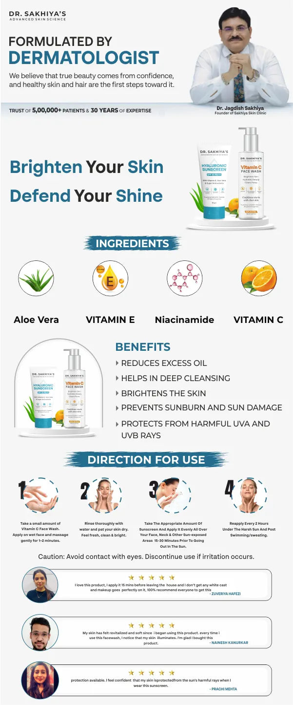 Summer Skincare Combo - Vitamin C Facewash And 1% Hyaluronic Sunscreen Aqua Gel With SPF 50